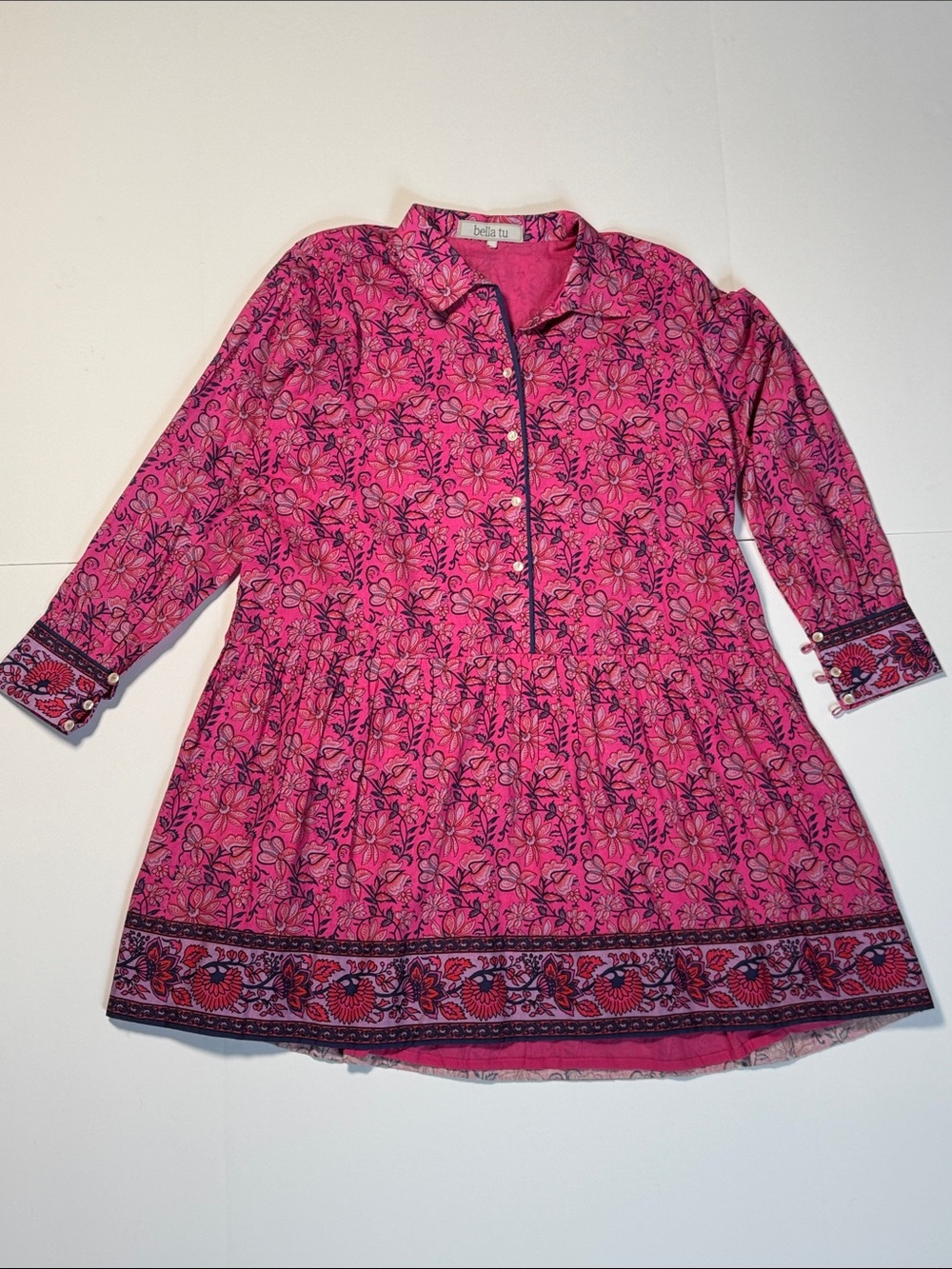 BELLA TU Pink Floral Drop Waist Midi Dress Button-Front Shirt Dress Boho LG/3